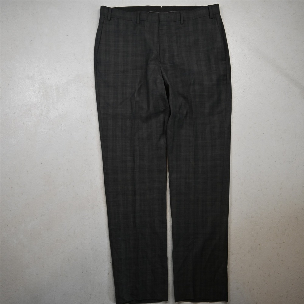 Bespoke‎ 34x30 Gray Check Wool Flat Front Slim Dress Mens Pants